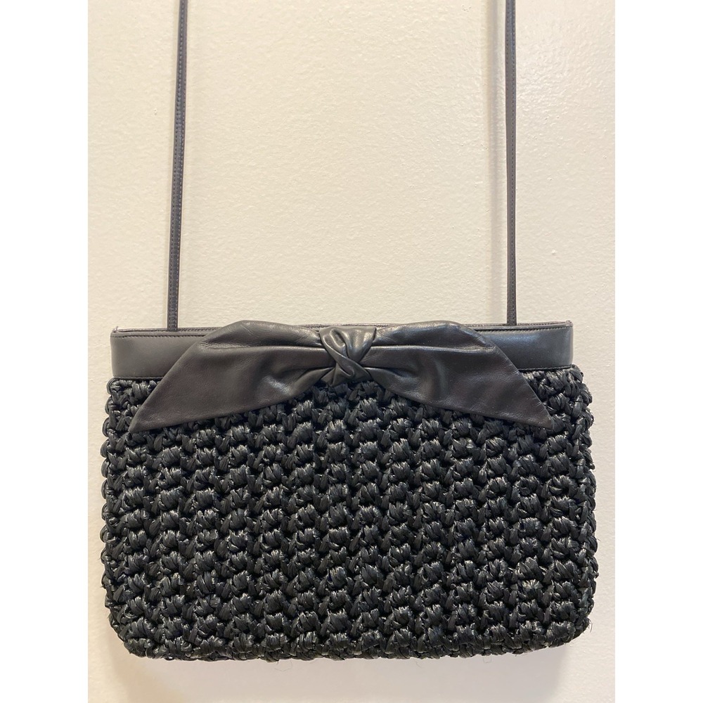 Morris Moskowitz black woven handbag with leather bow crossbody vintage cute